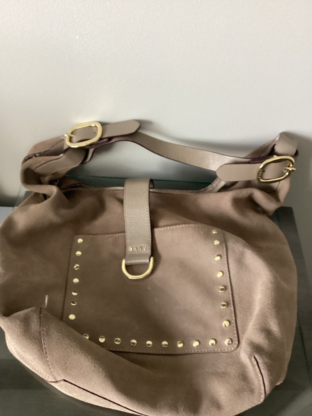 DKNY Taupe Suede Hobo with Gold-Tone Studs
